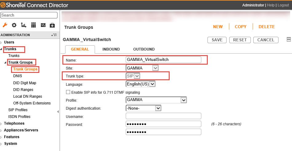 Add Trunk Groups 1. Navigate to Trunks >Trunk Groups > Trunk Groups 2. Select the GENERAL tab 3. Set Name: GAMMA_VirtualSwitch 4. Set Trunk type: SIP 5.