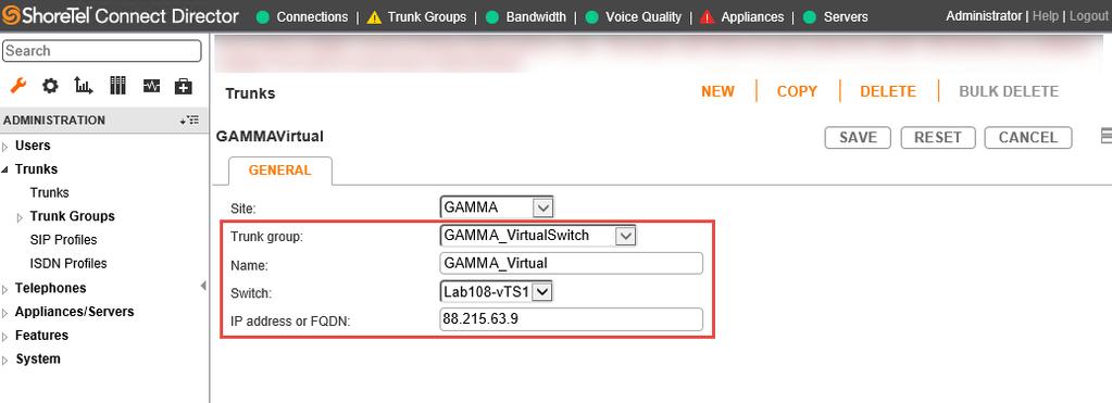 Create Individual Trunks 1. Navigate to Trunks > Trunks 2. Set Trunk group: Select GAMMA_VirtualSwitch from drop down menu 3. Set Name: GAMMA_Virtual is selected from drop down menu for this setup 4.
