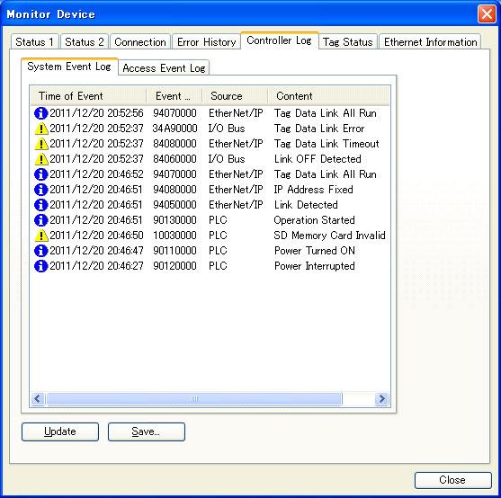 13 Troubleshooting Controller Log Tab Page This tab page displays the Controller event log that is stored in the