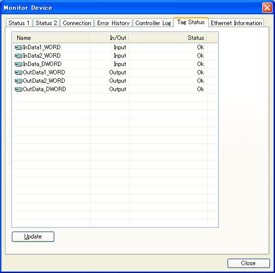 13 Troubleshooting Tag Status Tab Page This tab page shows if the tag settings for each tag for tag data links are set so that data can be exchanged with the CPU Unit The following status is