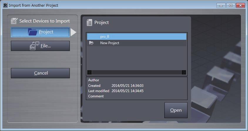 (EtherNet/IP Connections) App (3) The list of EtherNet/IP devices registered in the selected project will be displayed Select the target devices to import, and click the Import Button Note Only the