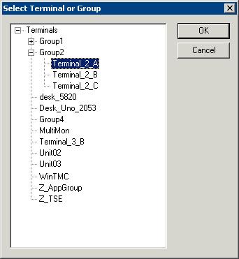 Select Terminal or Group Window Select a terminal for shadowing by highlighting it in the Select Terminal or Group window and selecting the OK button.