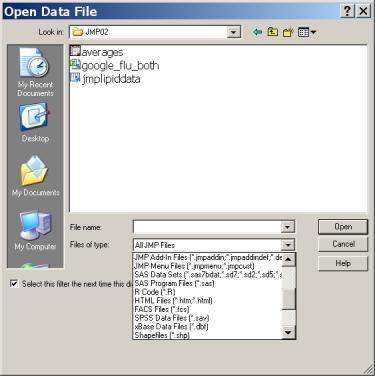 The file types include JMP, Excel, SAS and many others.