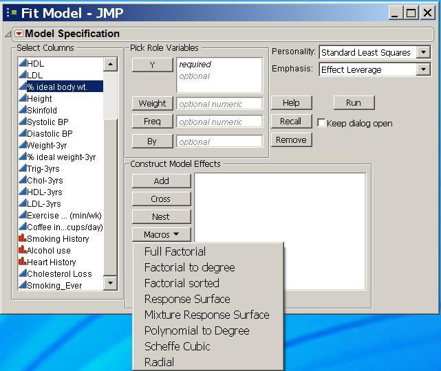 When the variables are chosen and moved into the role panel, JMP selects the Personality.