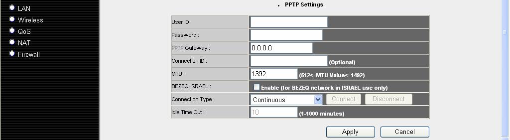WAN interface settings must be correctly set, or the Internet connection will fail even those settings of PPTP settings are correct.
