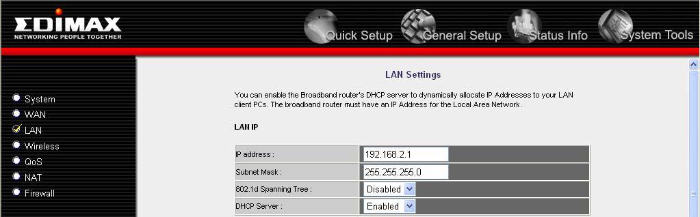 Please follow the following instructions to set wired LAN parameters: Please click LAN menu on the left of web management interface, there are three setup groups here: LAN IP, DHCP Server, and Static