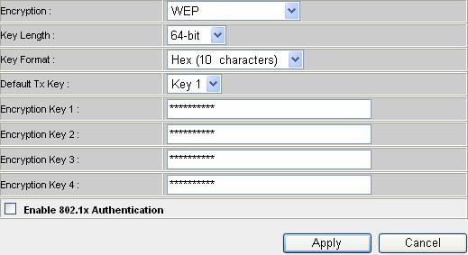 2-7-3-2 WEP - Wired Equivalent Privacy When you select this mode, the wireless router will use WEP encryption, and the following setup menu will be shown on your web browser: Here are descriptions of