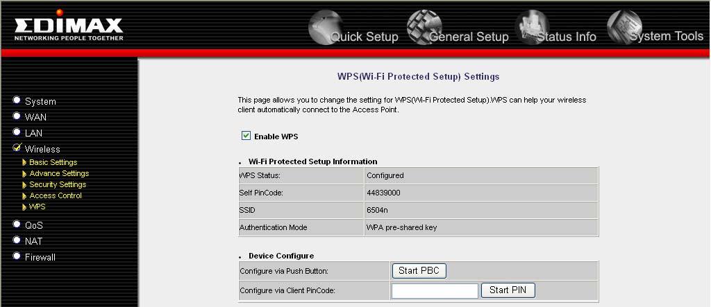 2-7-5 Wi-Fi Protected Setup (WPS) Wi-Fi Protected Setup (WPS) is the simplest way to build connection between wireless network clients and this wireless router.