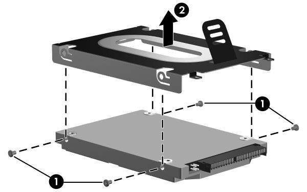 Removal and Replacement Procedures 8. Remove the four Phillips PM3.0 3.0 screws 1 that secure the hard drive frame to the hard drive. 9.