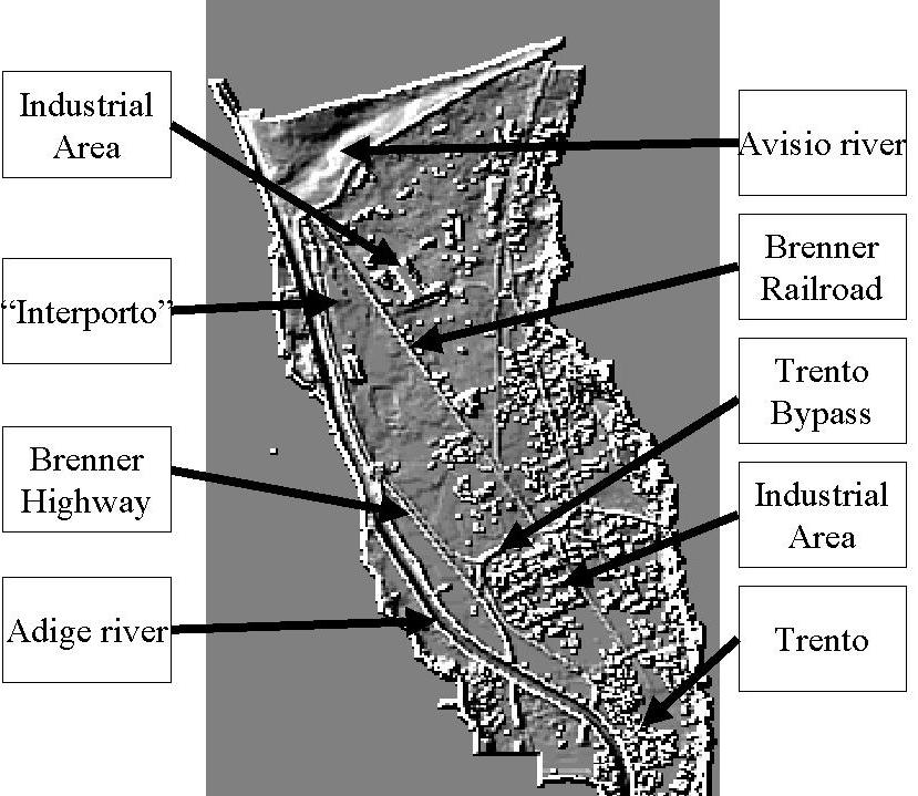 (right) The detailed Digital Terrain Model representing the 2000 topography with some important topographical features.