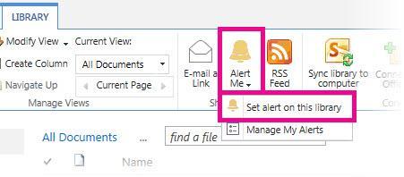 Click Alert Me > Set alert on this library. (In a list, the command will say Set alert on this list.) On the New Alert page, in the Alert Title section, change the title for the alert if you want.
