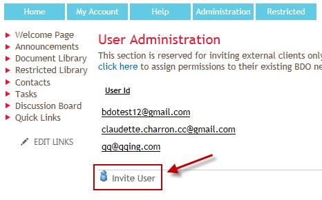 Inviting Users You can invite colleagues using the Invite User option.