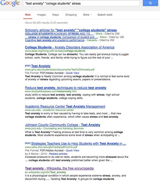 INITIAL ANALYSIS OF SEARCH REULTS Here is a Google search results screen for a search on test anxiety in college students, and an initial examination of this page.