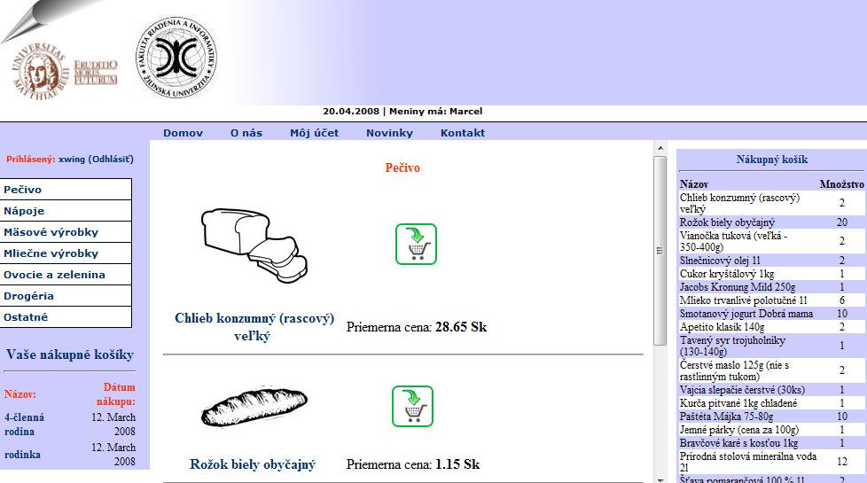 Obrázok 3: Prameň: Úvodná obrazovka webovej stránky http://www.cico.wz.cz Na obrázku 3 vidíme samotný výber tovarov. Vybraná je kategória pečivo.