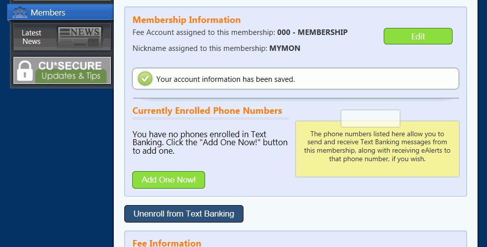 Here, the member is presented links to the FAQ listing (shown on page 5) and the Text Banking Commands (shown