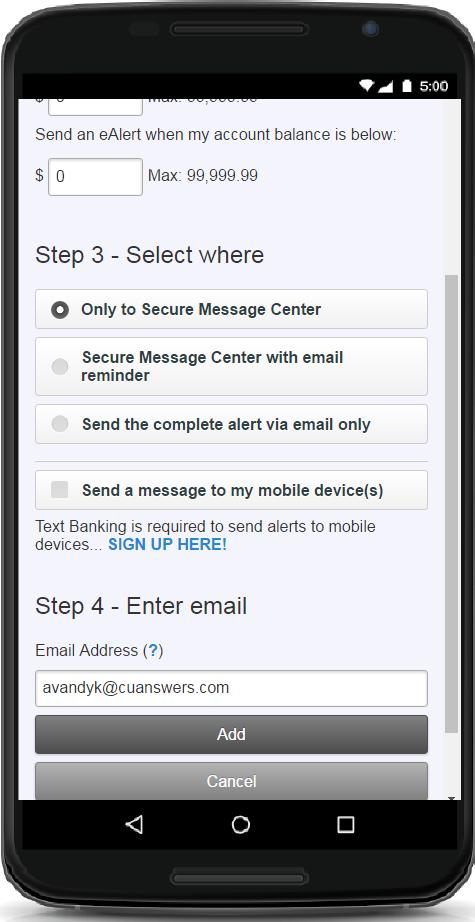 If members are not enrolled, the screen will provide them a link to sign up for Mobile Text Banking that