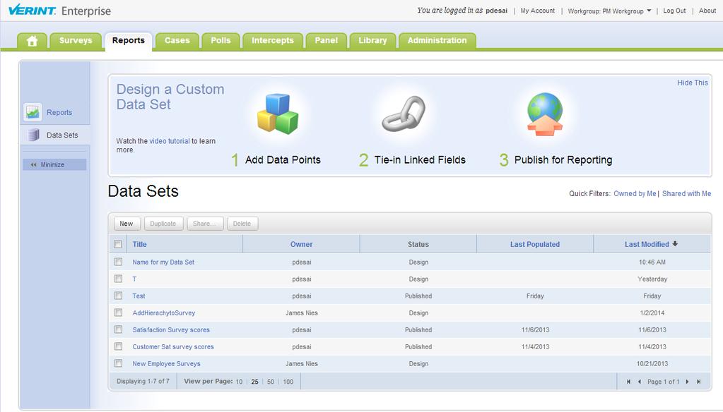 Data Sets (New Feature) EFM 7.1 includes a new Data Sets feature which helps users effectively track and resolve customer engagement through multiple surveys.