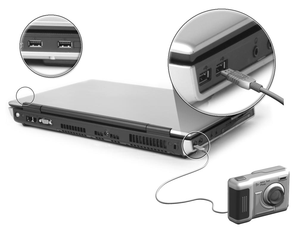 40 Peripherals and options English USB devices Your computer features four USB (Universal Serial Bus) 2.0 ports for connecting a range of USB peripherals.
