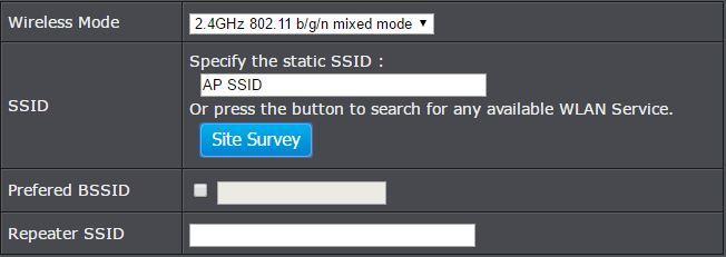 3. Under SSID section click Site Survey to wireless scan for available wireless networks.