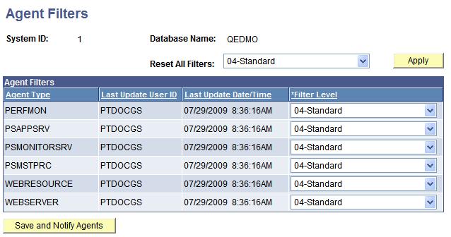 Administering the Performance Monitor Chapter 4 Setting Agent Filter Options Access the Agent Filters page (PeopleTools, Performance Monitor, Administration, Agent Filters).