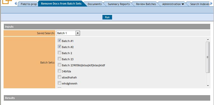 3 Input and preparation 3.1 To input the script 1. Saved Search 2. Batch Sets Inputs to script a. All Documents in this saved search will be removed from the batch sets. a. Multi-selection list of all batch sets documents in the saved search will be removed from.