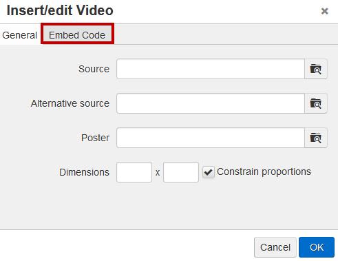 2. Place your cursor where you wish to embed your video. 3. Click on the Insert/Edit Video button (see Figure 76). 4. Click on the Embed Code tab (see Figure 77).