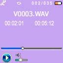 Select Voice in the Main Menu to enter Voice mode. Select a recording to listen to by pressing the Skip buttons. Press the Play button to play back the recording.
