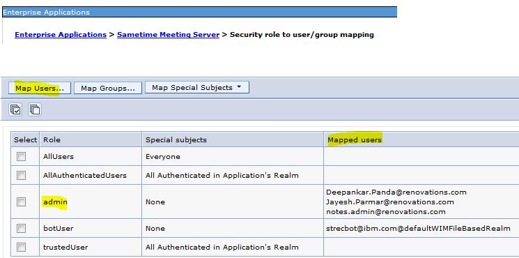 Sametime Meeting Room Statistics:- In WAS, Go to Applications Application Types WebSphere enterprise applications Sametime Meeting Server Security role to user/group mapping Select the role Admin and