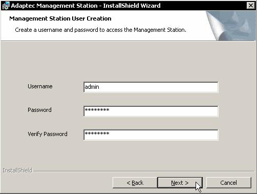 Figure 11 Management Station Username and Password We use this Username and Password later for adding the server to the ServeRAID Manager.