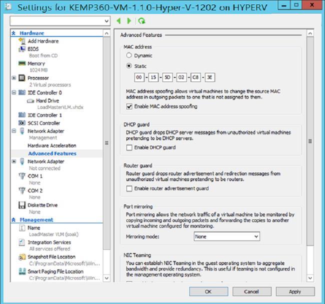 Installing KEMP360 Central using Hyper-V Manager Figure 2-4: Network Adapter settings 4.