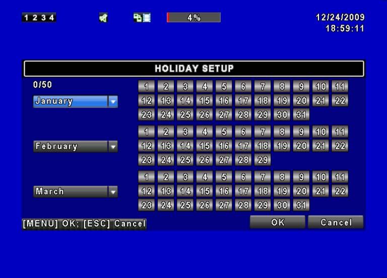 5.4.2 Holiday Setup Since holidays are different between countries and regions, you can setup the holiday of your location accordingly (Maximum Setup: 50