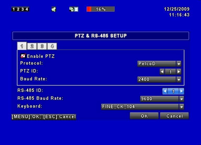 5.8 PTZ & RS-485 Setup The DVR allows users to control PTZ functions of your camera. To enable PTZ function, the 485 cable should be connected to the RS-485 port of DVR.