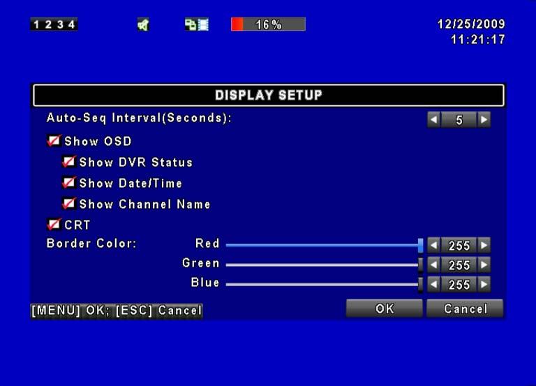 5.9.1 Display Setup Item Auto-Seq Interval ( Seconds) Show OSD Show DVR Status Show Date/Time Show Channel Name CRT Border Color Description Click or press to set up duration time in seconds for the