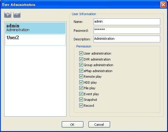 7.12 User administration Before the icms can be used on a PC, user accounts should be added with proper authority. Each user should be assigned with a password and optionally a description.