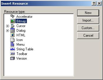 You are now asked what type of resource you wish to import. Select BITMAP and click the IMPORT button. A file selection box will open.