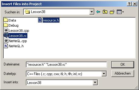 Select the resource.h file, and the resource file (Lesson38.rc). Hold down control to select more than one file, or add each file individually.