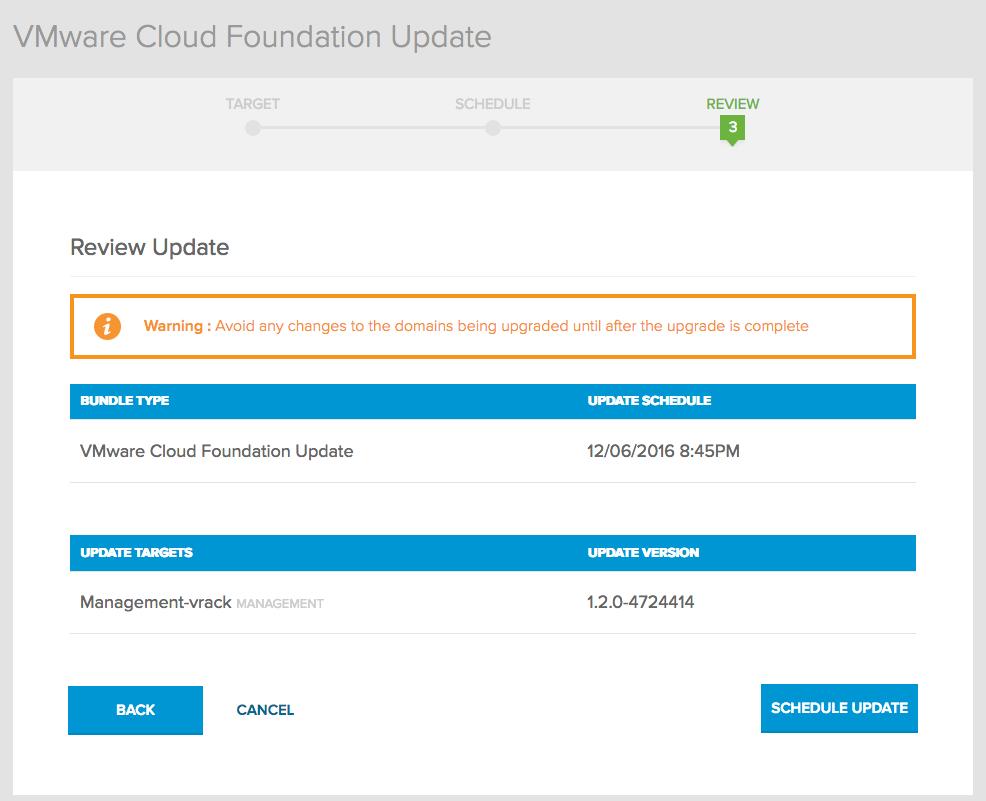 Administering VMware Cloud Foundation Note Do not reboot the physical racks, any devices on the rack, or the SDDC Manager VM while the upgrade is