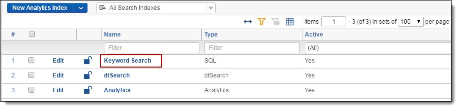 The keyword search index details page contains the following fields: Name- the name of the keyword search index. The name is the display name for the index.