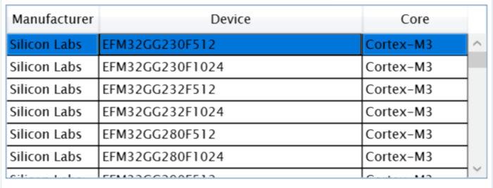 Using µc/probe In this screen, a different Giant Gecko part was selected than the SLSTK3701A kit. Currently, selecting the GG11 is not possible because SEGGER has not yet updated the J-Link.