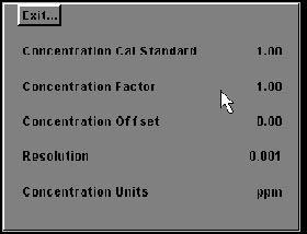 Selection is made via the pop-up menu. Concentration Setup... 650 050/REV A/09-99Exit allows the user to exit this menu.