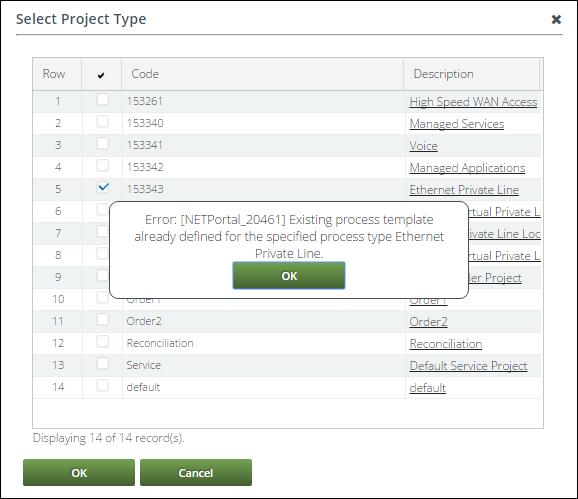 Administration 140 Figure 174. Error Displayed for Selecting a used Project Type 4. Enter the Project ID. The Project Template screen has three tabs.