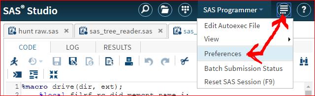In SAS Studio, Substitute spaces for tabs : Figure 3 Navigating To Preferences, For Editor Settings Figure 3 Navigating To Preferences, For Editor Settings For SAS Studio, only one checkbox needs to