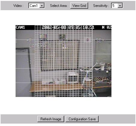 A 5x5 grid displays over the current video. 3. Click the grid to activate/deactivate motion detection. Areas with active motion detection appear with cross-hatching (see below).