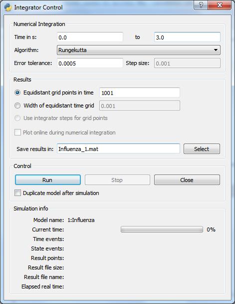 Integrator Control dialog box. The OpenModelica plugin defines the simulation routine for the Modelica models by using the execute method of the OMPython API.