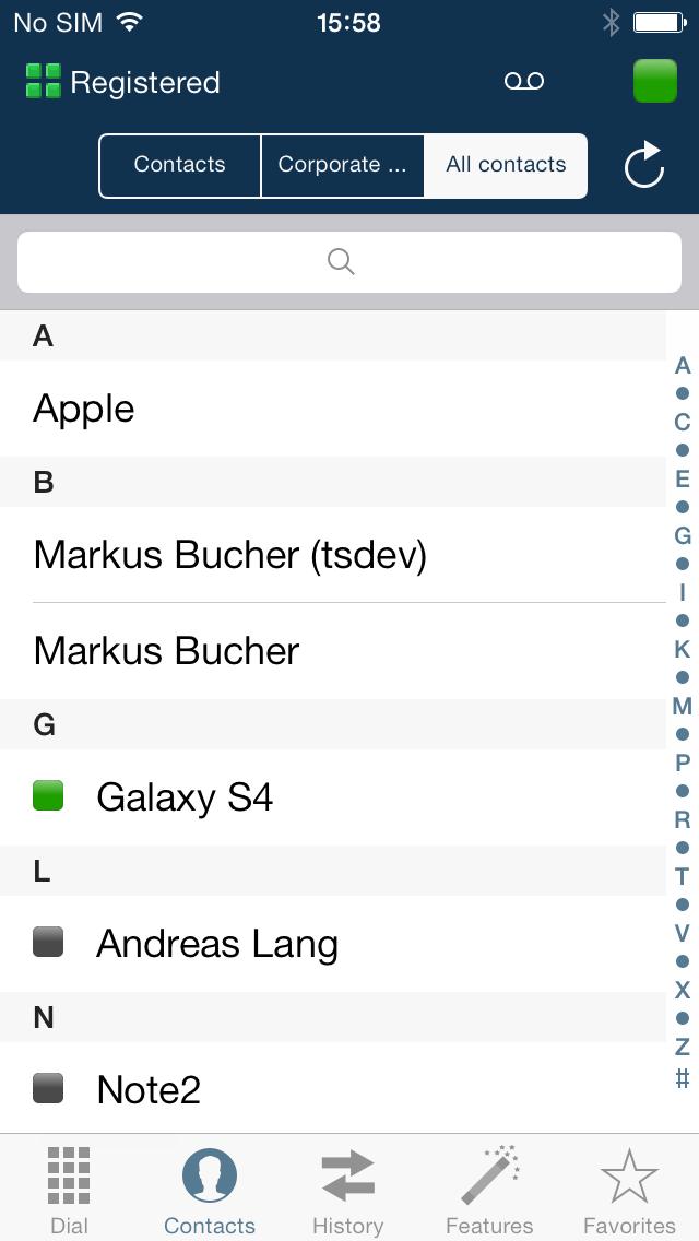 7 General Operation of the AMC 7.5 Toolbar The toolbar of the AMC for ios contains the following screens. 7.5.1 Contacts and Corporate Phonebook There are some differences between this contact screen and the native contact screen.