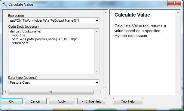 Figure 3: Python Expression for Workspace and Output name variables The Redelineator Tool interface is set up with only three required input parameters; Work Folder, Output Name, and DEM.
