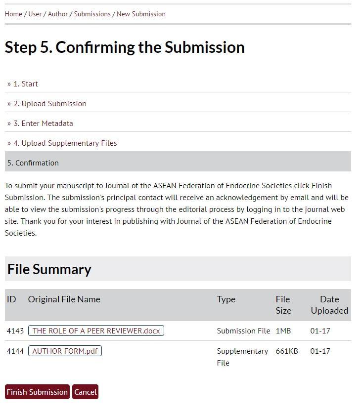 Step 5: Confirming the Submission Please upload any additional files for the editor/author, e.g. manuscript with track changes.
