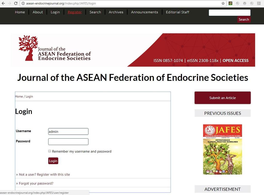 GETTING STARTED For new users, from the JAFES website (http://asean-endocrinejournal.org), click register to create your account.