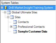 The Example Data The structure of your Market Insight system can vary. The elements shown here are typical each Site may be simply flagged with Customer data or can have many related Contacts.