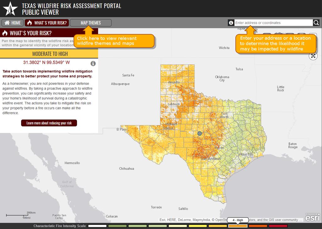 Overview The Texas Wildfire Risk Assessment Portal is the primary mechanism for the Texas A&M Forest Service to deploy wildfire risk information and create awareness about wildfire issues across the